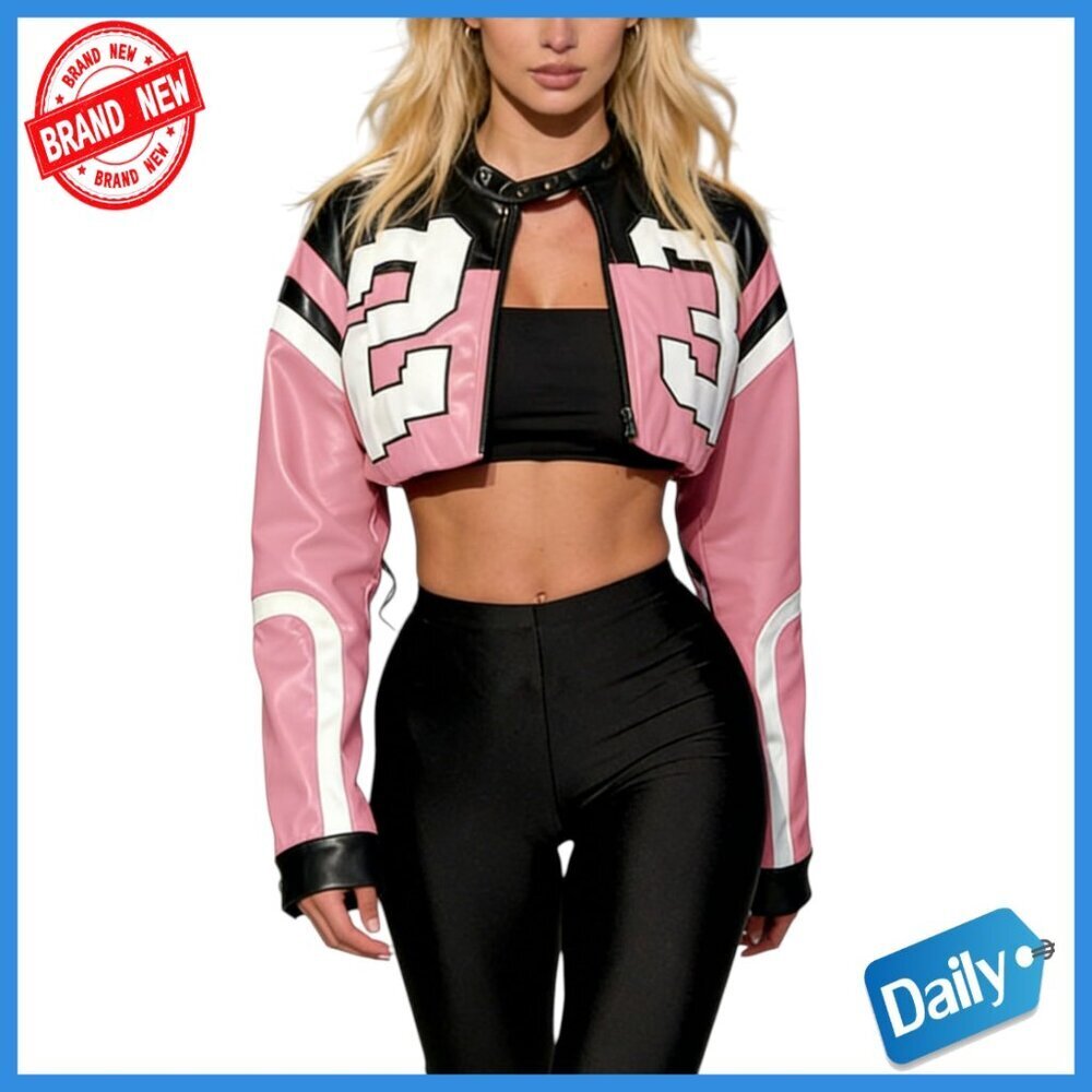Faux Leather Bomber Jacket Cropped Zip Moto Style Winter Outerwear